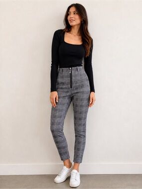 DIMY Plaid High Rise Skinny Pants Black White Lavender Zip Front Stretch 26